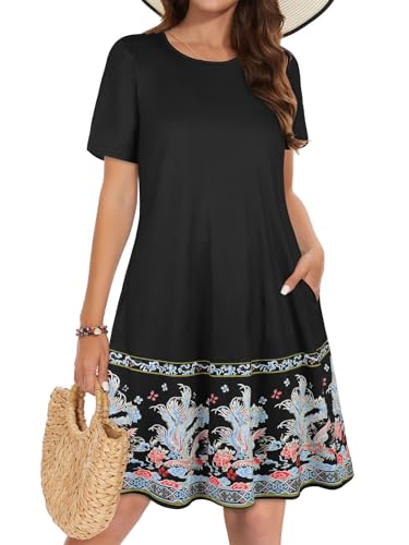 elescat Summer Dresses for Women Casual Loose Short Sleeve Sundress Scoop Neck Beach Cover Up with Pockets(Black Floral, L)