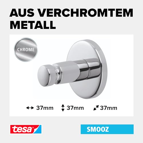 tesa SMOOZ Klebehaken, verchromt, runde Form - Bad-Haken zur Wandbefestigung ohne Bohren, inkl. Klebelösung - 37 mm x 37 mm x 37 mm
