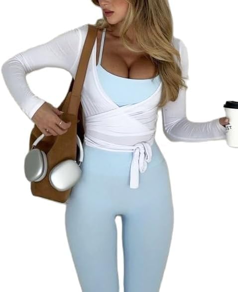 Ballet Wrap Tops for Women Y2k Long Sleeve Pilates Coquette Tops V-Neck Fitted Tie Front Crop Shirts Workout Blouse