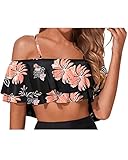 Women Ruffle Bikini Top Black Floral Double Layer Flounce Swimsuit Off Shoulder Bathing Suit top Only M