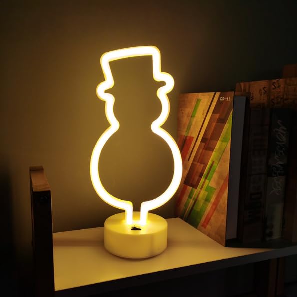 Hello winter Snowman Neon Sign Lamp Dimmable LED with Standable Base and Touchable Switch,USB or 3-AA Battery Powered Neon Signs LED Desktop Wall Decoration for Party, Bedroom
