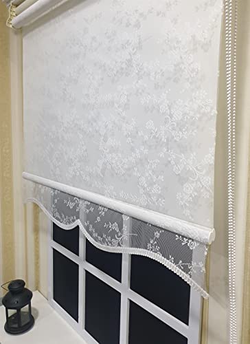 Çiftli Sistem Çiçekli Beyaz Tül & Ekru Stor Perde Alüminyum Kasalı STB4003