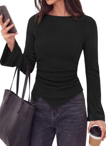 Okiwam Womens Bell Long Sleeve Shirts Boat Neck Asymmetrical Tops,Black,L - image 6