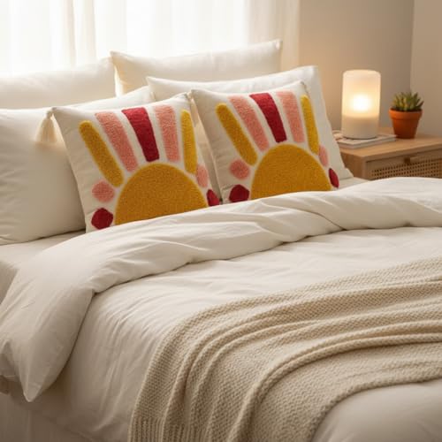 Image of RRC Boho Throw Pillows 16x16 Inch Set of 2 - Soft Mid Century Modern Decorative Pillow Covers, Aesthetic Cushion Cases for Couch, Sofa, Bed & Bedroom Decor (Orange, 16X16(Inches))