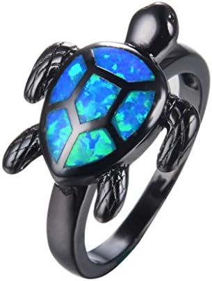 Lixinsunbu Blue Turtle Animal Opal Rings Women's Black Gold Plated Engagement Gift