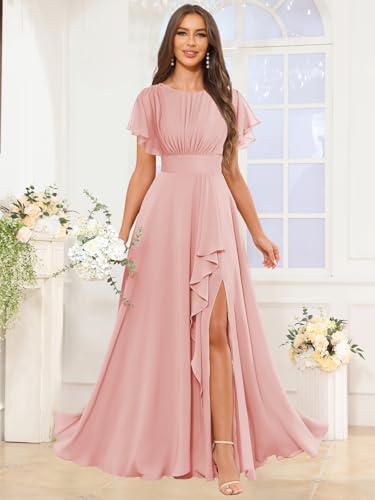 Long Chiffon Bridesmaid Dresses with Sleeves Floral Summer Ruffle Formal Evening Gown2