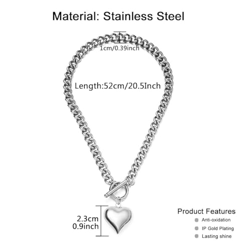 Stainless Steel Puffy Heart Pendant Statement Chunky Toggle Necklace for Women Thick Statement Chain Link Necklaces2
