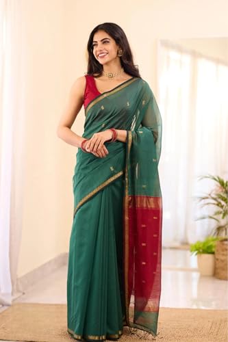 Image of Women's Cotton Woven Soft Sarees With Attach Blouse Piece.