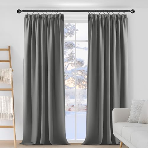 Deconovo Vorhänge mit Kräuselband Blickdicht Kälteschutz Vorhang Verdunkelung Gardinen Wohnzimmer, 175x140 cm(HöhexBreite), Hellgrau, 2er Set
