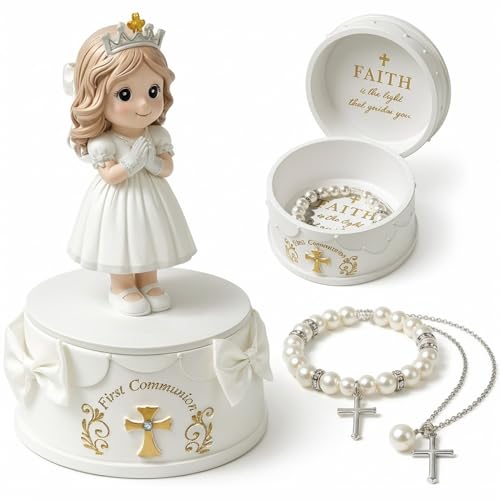 WANCHIY First Communion Gifts for Girls - 1st Holy Communion Gift with Prayerful Girl Figurine Keepsake Box & Pearl Bracelet - Religious Keepsake Gift for Girls