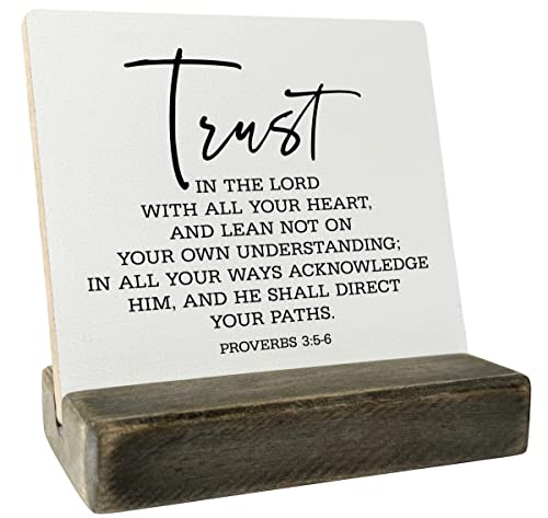 Gkwa Proverbs 3:5-6 Wood Plaque, 4 x 4.3 inches, MDF Display Board, Plaque with Wooden Stand, Meaningful Wood Sign Gift, Bible Verse Sign, Christian Home Décor