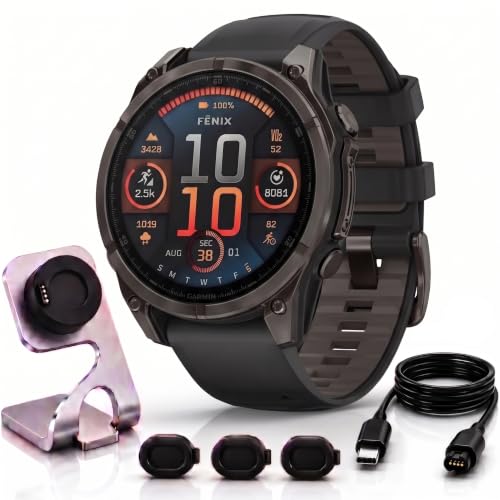 Image of Garmin Fenix 8 47mm AMOLED Sapphire Multisport GPS Smartwatch, Carbon Gray Titanium with Black Silicone Band, 010-02904-20 - Bundle w /Deco Essentials Charging Dock, Dust Cover and USB-C Cable