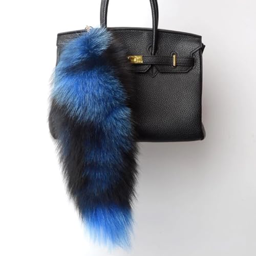 Image of 15.75 Inch Long Fluffy Faux Fur Tail Keychain, Fake Animal Tails for Handbags Backpacks Charm Tassel Ornaments (Blue-Black)