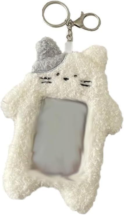1Pc White Cartoon Plush Photocard Holder with Keychain Pendant Kawaii Cat Cute Card Sleeve Student Card and ID Cases Medium Size, Lightweight and Portable Women's Card Cases