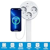 Przedłużacz z 3 gniazdami AC, USB-A i USB-C, obracany o 180° i teleskopowy (43–70 cm) – przedłużana listwa zasilająca do trudno dostępnych gniazd wtykowych