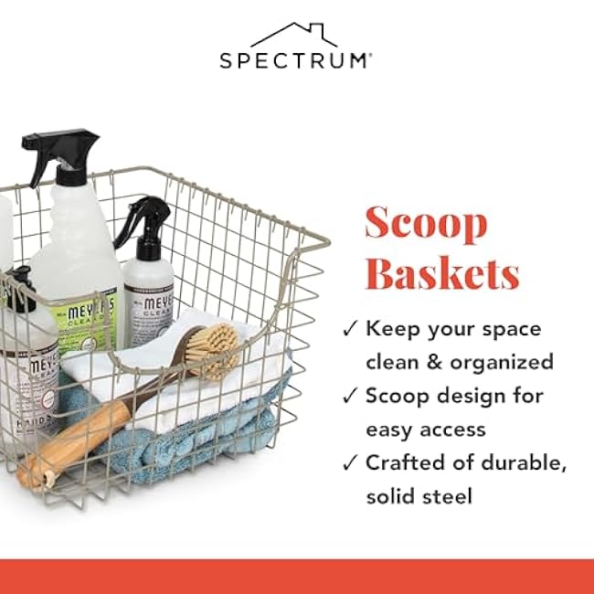 Spectrum Diversified 98977 Scoop Wire Basket, Vintage-Inspired Steel Storage Solution for Kitchen, Pantry, Closet, Bathroom, Craft Room & Garage, Single, Satin Nickel