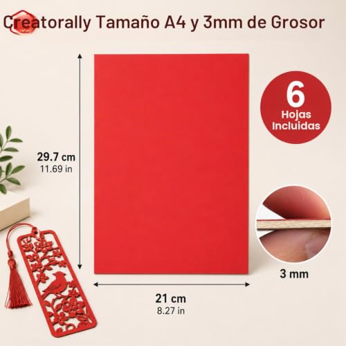 Miniatura 6 de Creatorally Colores Contrachapado 3mm, Contrachapada Colorido Corte Laser 29.7x21 Cm 6 Piezas, A4 Madera De Tilo Para Bricolaje, Grabado, Pirograbado Rojo