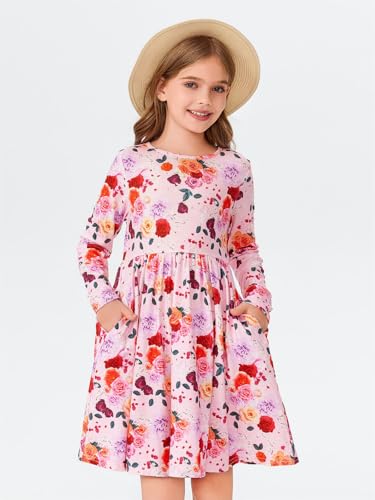 Haloumoning Girls Floral Long Sleeve Dresses Kids Flowy Skater Twirly A-line Dress with Pockets 7-14 Years3