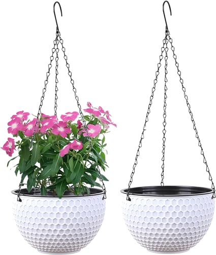 WOWEI Vasi da Fiori Sospesi Set di 2 Autoirriganti Vasi da Parete con Serbatoio dell'acqua e Foro di Scarico, Porta Vasi Sospesi a Nido d'ape con Catene per Balconi Decorazione (bianco, L)