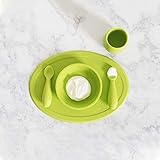 ezpz Tiny Collection Set (Lime) - 100% Silicone Cup, Spoon & Bowl with Built-in Placemat for First Foods + Baby Led Weaning + Purees - Designed by a Pediatric Feeding Specialist - 4 Months+
