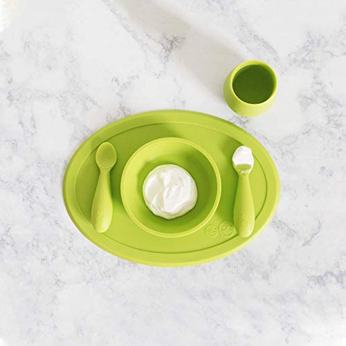 ezpz Tiny Collection Set (Lime) - 100% Silicone Cup, Spoon & Bowl with Built-in Placemat for First Foods + Baby Led Weaning + Purees - Designed by a Pediatric Feeding Specialist - 4 Months+