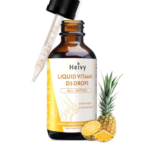 Image of Heivy Liquid Vitamin D Drops 4000 IU (100 mcg), Vitamin D3 for Bone Health Support, Pineapple Flavor Vegan VIT D3 Drops, Made in USA, 60 Servings 2 Fl Oz (60ml)