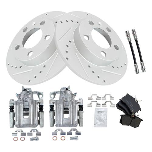 Image of TRQ Performance Rear Brake Pad and Rotor Set Ceramic Slotted Drilled G Coated Rotors Calipers Compatible with 1999 Volkswagen Jetta