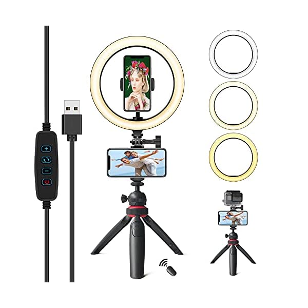 PLEASION ringlicht mit stativ Handy, 10 " Selfie Ringleuchte mit Fernbedienung, 3 Farbe und 10 Helligkeitsstufen Ring Light Für Selfie /YouTube /Tiktok Videoaufnahmen/Live-Stream/Makeup/Vlog