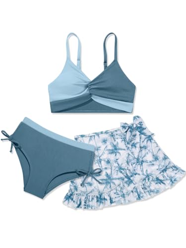 ESHOO Girls Swimsuits 3 Piece Bikini Bathing Suit Twist Cross Swimwear with Cover Up Beach Skirt Teen Girls for 9-16Y