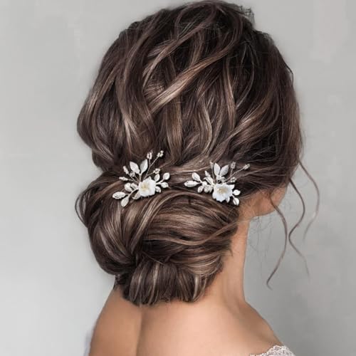 SWEETV 2Pcs Bridal Hair Accessories,Silver Wedding Hair Pins Pieces With White Flowers for Brides