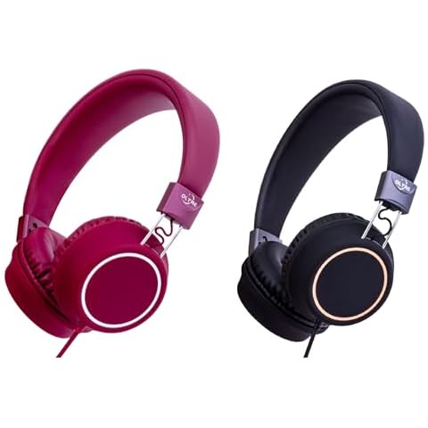 Olyre Kids Headphones for School Entertainment Travel 2 pcs, Lightweight Foldable Stereo Wired Toddler Headphones for Kids with HD Microphone for Boys Girls for Computer iPad Tablet Black&Red Cover
