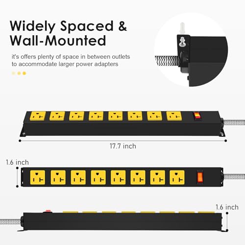 20Amp Power Strip, Durable Metal 8-Outlets with Heavy Duty 20 amp 15Ft 12 Gauge Extension Cord for Garage Workshop & Industrial Use by HEZI - Image 2