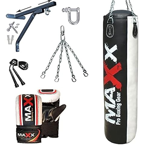 MAXX Black White Punchbag Set With Wall Bracket or Ceiling Hook Free Chain. Sizes 6FT, 5FT, 4FT, 3FT (5 FT, 6pc set with Bracket) Cover