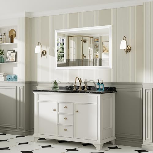 48x30 Inch White Bathroom Mirror for Wall, Thick Metal Framed Rectangle Mirrors for Over Sink, Bedroom, Living Room, Entryway, Anti-Rust, HD Tempered Glass