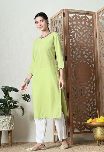 Image of Amazon Brand - Tavasya Women Cotton Katha Straight Regular Fit Kurta | Solid Ethnic Kurti | 3 /4 Sleeve Casual & Office Wear |Kurta for Women