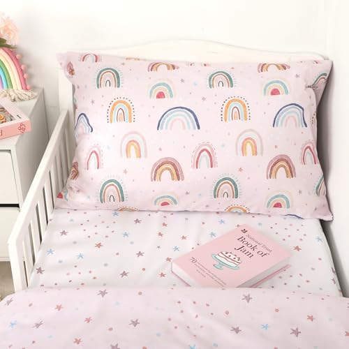 Image of Toddler Bedding Set for Girls, 4 Piece Toddler Girl Bedding Set, Super Soft & Lightweight Pink Toddler Comforter Set Includes Comforter, Flat Sheet, Fitted Sheet, Pillowcase (Rainbow)