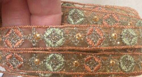 Terracotta Green Embroidered Trim Hand Sewn 1/2" Sequins Glass Beads 1yd Fabric