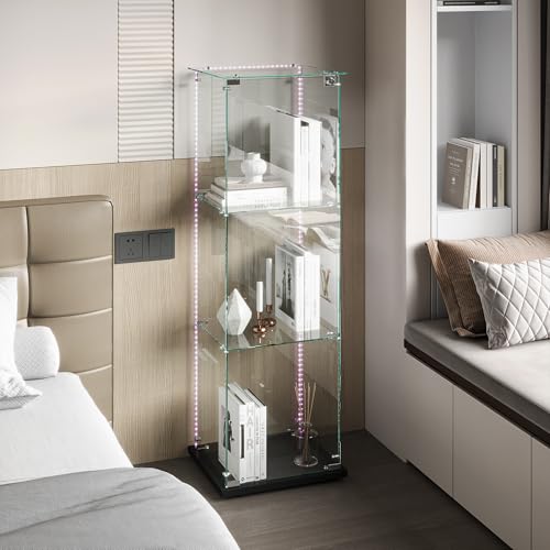 KSFASHZ Vitrina de cristal con LED, vitrina de cristal con 3 estantes y 1 puerta, vitrina de vitrina expositora en columna, vitrina de salón transparente, vitrinas expositivas de vidrio, negro