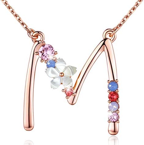 Flower Initial Necklace Amethyst Pink Ruby Red Opal Blue Simulated Pearl Pendant Name Jewelry Made with Swarovski Crystals Rose Gold Plated Anniversary Birthday Gifts for Women Girl,18"+2" (Letter M)