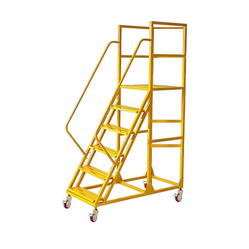Image of Rolling Ladder with Wheels, Mobile Rolling Stairs with Handrail for Industrial Warehouse, Rolling Steps Ladder with Fence, for High Shelf Aisles, Warehouses, Supermarkets, Libraries (Yellow, 6 Steps)
