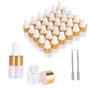 50 Clear glass Dropper Bottle 1/3/5ML Essential Oil dropper Bottle and Measuring Pipette Golden Bottle with Lid Empty tincture Bottle Perfume Cosmetic Travel Liquid Container