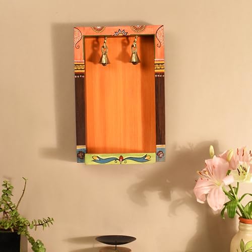Image of AAKRITI ART CREATIONS Traditional Motif Wooden Bell Wall Decor Frame | Floral Art, Matte Finish | Wooden Wall Shelf Decor for Home