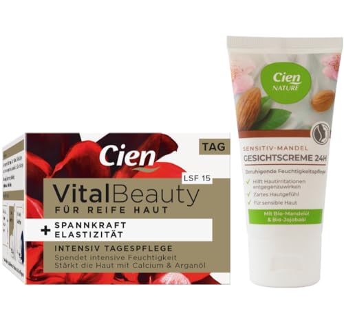 Cien NATURE Naturkosmetik ansiktskräm SENSITIV MANDEL lugnande dagvård 24h fuktkräm för känslig hudkräm med mandelolja & jojobaolja, 50 ml