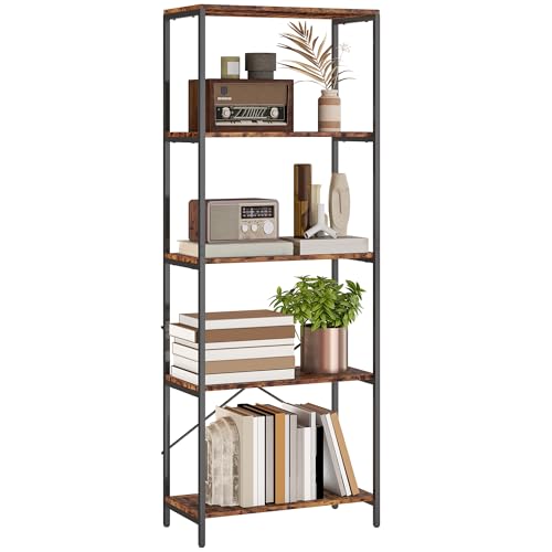 HOMCOM 5-Tier Bookshelf, Industrial Bookcase, Floor Standing Book Shelf with Metal Frame, Open Display Shelving Unit for Living Room, Home Office and Bedroom, Rustic Brown and Black
