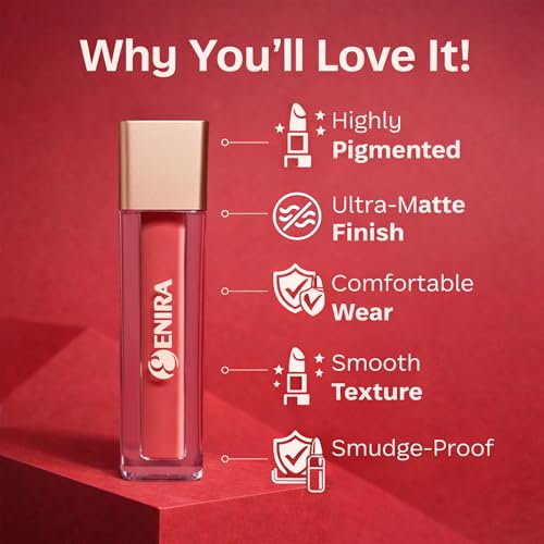 Image of ENIRA Blood Red Liquid Lipstick for Women | 4ml | Matte Liquid Lipstick | Waterproof | Transfer Proof | Smudge Proof | Long Lasting | Highly Pigmented | Vitamin E | Lightweight Non-Sticky Formula x