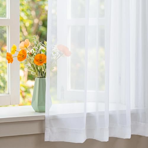Image of NICETOWN White Sheer Kitchen Curtains 24 Inches Long, W27xL24, 2 Panels | Rod Pocket Light Filtering Drapes Elegant & Lightweight Short Window Treatments for Home Decor