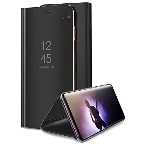 Aearl for Samsung Galaxy Note 8 Mirror Case, Plating PC Smart Clear View Window Vertical Flip Stand Cover Full Body Protective Shell with Screen Protector Kickstand for Galaxy Note 8 - Black Cover