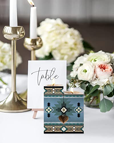 Southwestern America Candle Holders Set, Wooden Tealight Candle Holder Gifts For Women, Blue Tribal Geometric Ethnic Vintage Candlesticks Holder Decor For Wedding Dinning Party #TOP3