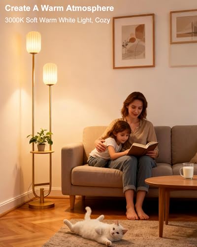 Image of 2-Lights Gold Dimmable Floor Lamp with Table, Modern Floor Lamps with Oval Striped Lampshade 3000K Soft Warm White Standing Tall Lamp for Living Room /Bedroom /Sofa Beside /Corner Decor