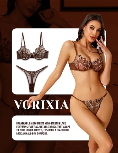 Image of Lingerie Sexy Bra and Panty Set for Women See Through Sheer Underwear Cute Exotic Floral Embroidery Babydoll Set